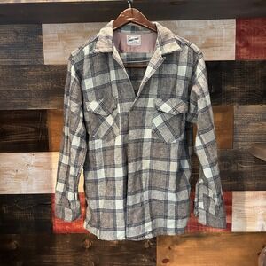 Frost Proof Frostproof Flannel Wool Plaid Shirt Loop Collar 60s Medium Grey Men